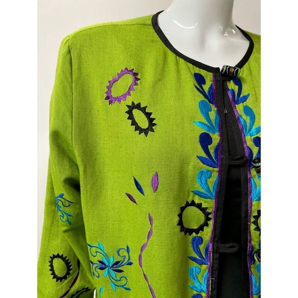 Allure Womens Jacket Green Blue Floral Long Sleeve Toggle Embroidered M - Picture 3 of 12